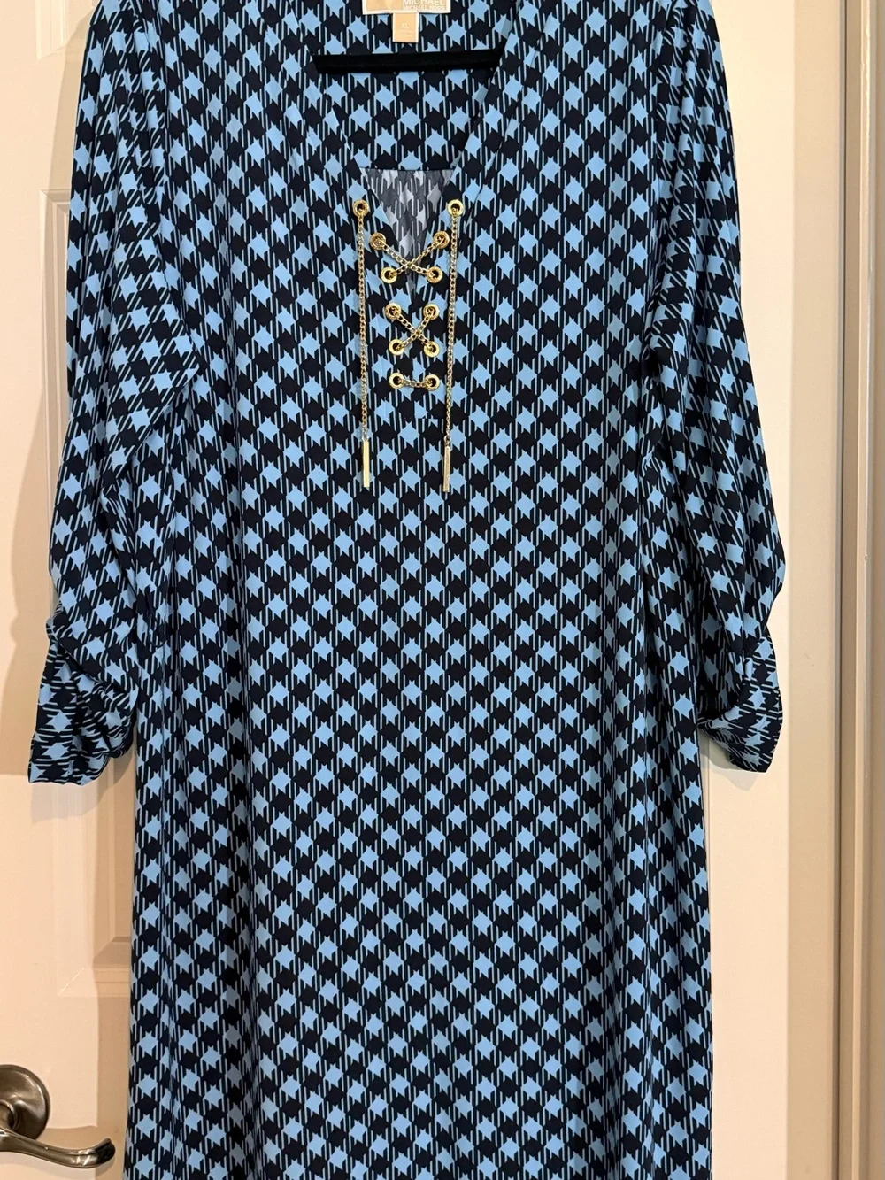 Michael Kors Blue & Black Geo Lace-Up Shift Dress
